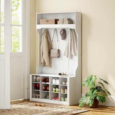 Hall Tree with Bench and Shoe Storage Cubbies for Entryway, White