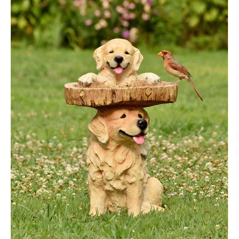 22"H Playful Puppies and Cardinal Resin Birdbath