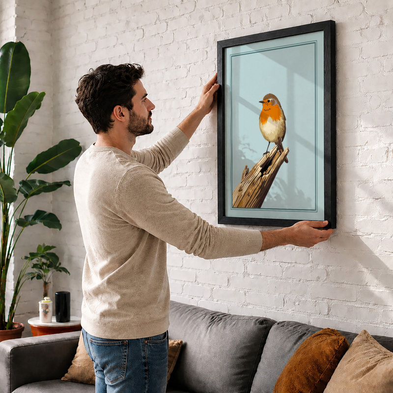 Robin on Branch Botanical - Framed Print, A3 - 42.0 x 29.7 cm, White