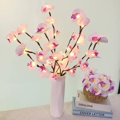 Realistic Artificial Phalaenopsis Branch with Lights, Creative Flower Design Decor Lamp, Multipurpose Faux Floral Light for Indoor Space, Celebration & Holiday Decor (White & purple, 2PCS)