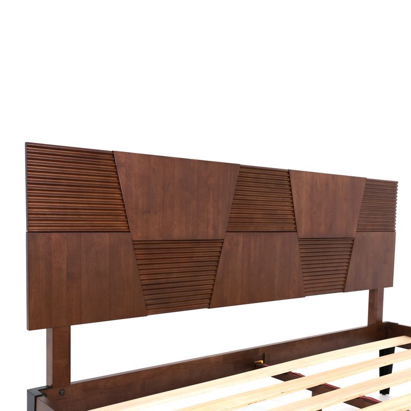 Nesto Modern Queen Bed Frame With Geometric Headboard & Black Matte Metal Legs, Premium Solid Wood Platform Bed Frame, Wood Slat Support, No Box Spring Needed