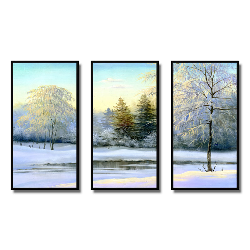 «Beautiful Scenery Winter Forest - Landscape», ensemble d'art mural sur toile encadré, H 28 po x l 36 po x P 1 po, Noir