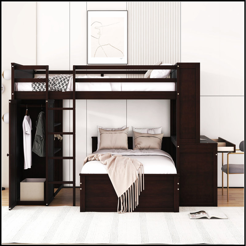 Lit mezzanine Kaylianne avec lit simple, tablettes, bureau et garde-robe pour optimiser l'espace