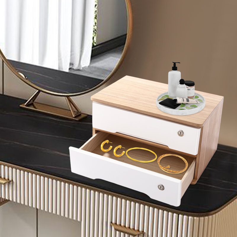 Boîte de rangement de bureau en bois à 2 niveaux avec tiroirs verrouillables, Naturel / Blanc