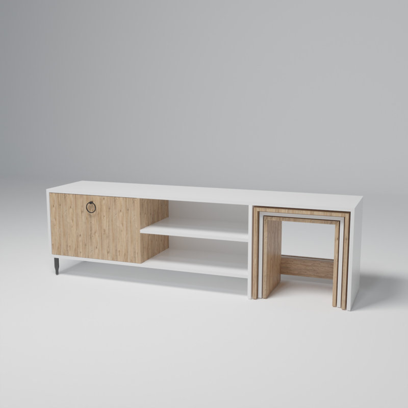 Meuble télé moderne avec option de fixation murale, chêne et blanc, 70,9 po x 21,7 po x 15,7 po | 100% panneau de particules enduit de mélamine, épaisseur: 0,7 pouce | Comprend 3 tables gigognes et plusieurs tablettes, une conception élégante pour le salon et les espaces de divertissement