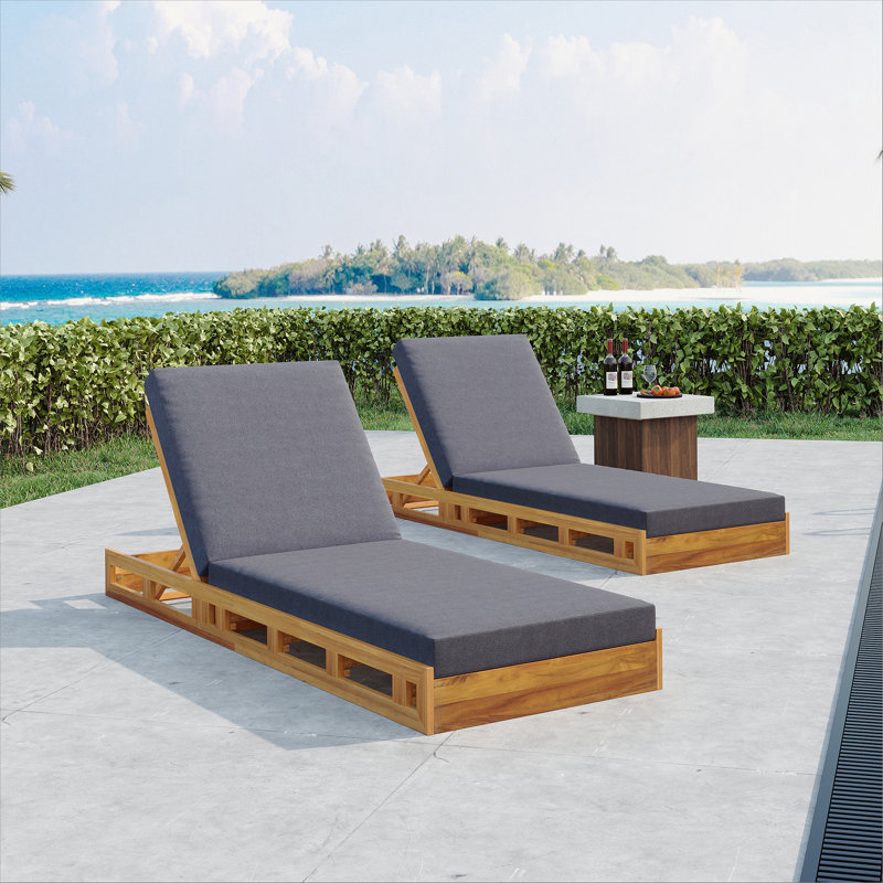 Vane Patio Acacia Wood Chaise Lounge With Adjustable Backrest & Cushion, Dark Gray