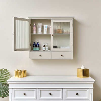 Pale Reeded Glass Wall Cabinet With Drawers