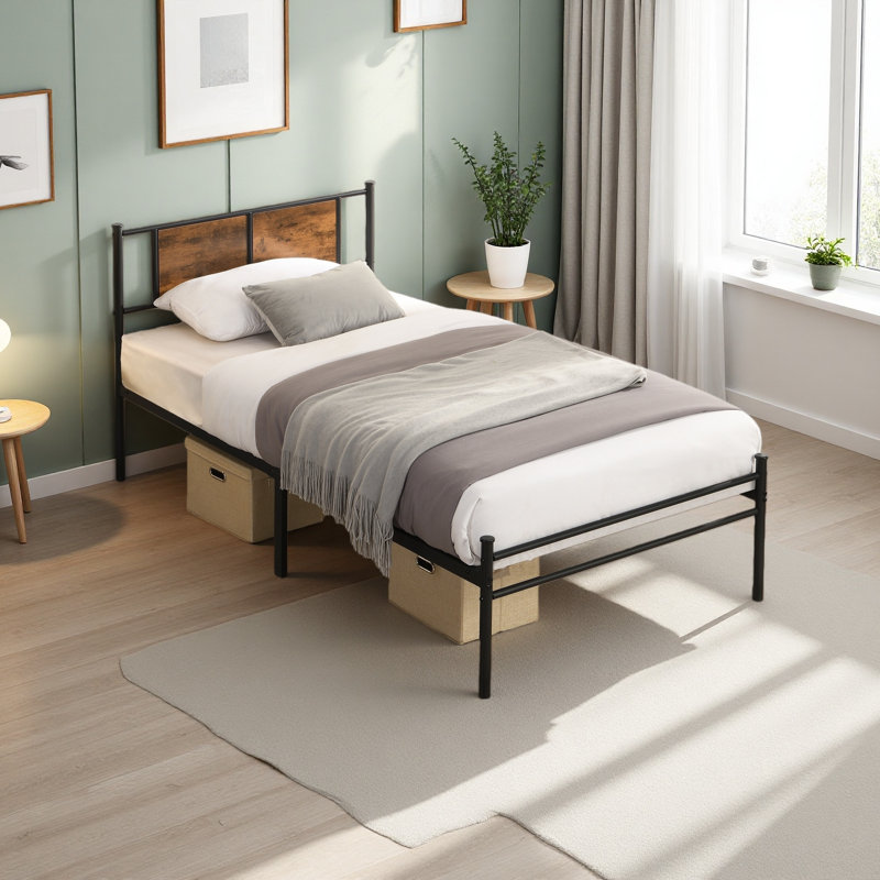 Cadre de lit en métal, tête de lit avec décoration en bois