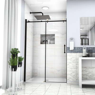 Porte de douche coulissante simple noir mat 48 po x 76 po. Verre trempé de 8 mm. Cadre. Porte réversible. Convient aux murs inégaux. Accessoires d'installation fournis