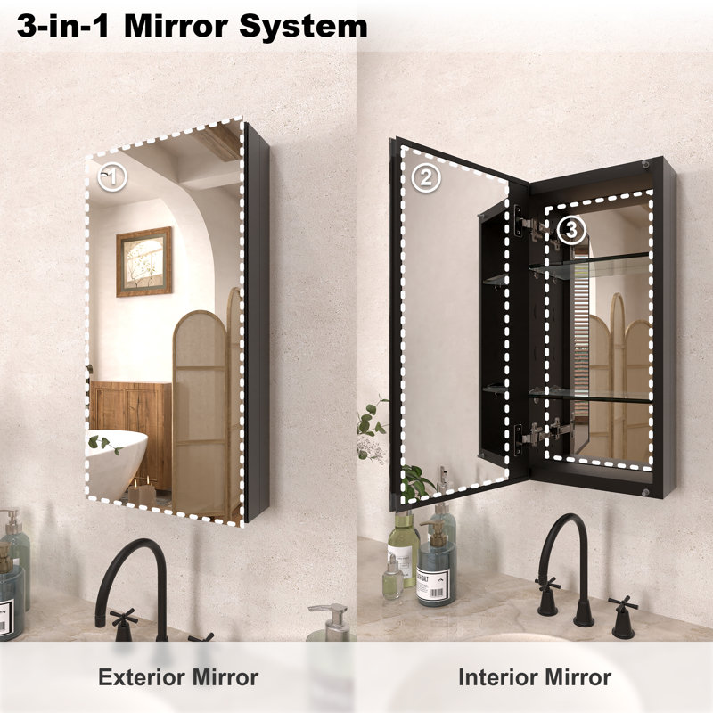 24 H x 12 W Frameless Medicine Cabinet with Mirrored Door for Recessed or Surface Bathroom Wall Storage, Matte Black