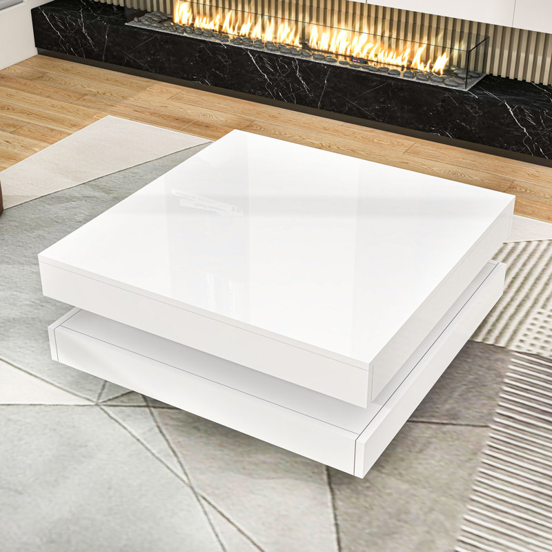 Modern Coffee Table with High-Gloss Finish, LED Light, Storage and Geometric Design, White