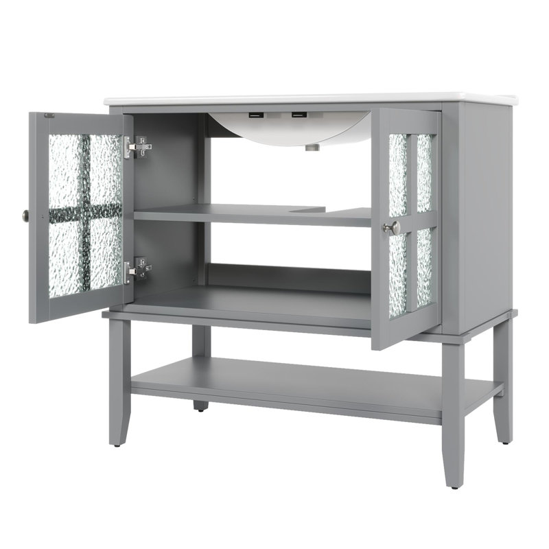 36"Freestanding Bathroom Vanity with Ceramic Sink, Gray