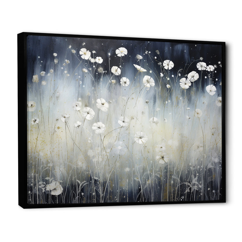 «Misty Opalescent Floral Field II», reproduction sur toile, Cadre flottant noir, H 12 po x l 20 po x P 0,5 po