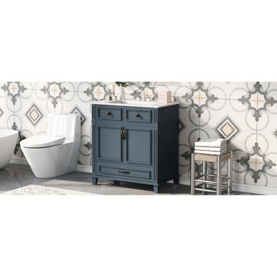 Retro Style 30'' Blue Bathroom Vanity, Solid Wood Frame, Ceramic Sink, Soft - Closing Hinges, , Smooth Drawer Slide, Exquisite Hardware Design, Glossy Basin, Doors, Ample Storage,