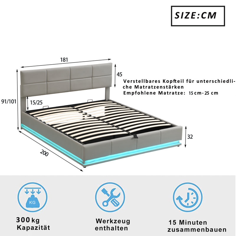 Lexie Upholstered Ottoman Storage Bed, Light Grey