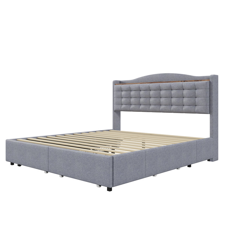 Baun Upholstered Storage Bed, European Double (140 x 200cm), Blue / White / Grey