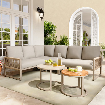 Beige Outdoor Sectional Sofa Set For 6-7 Person With Cushions