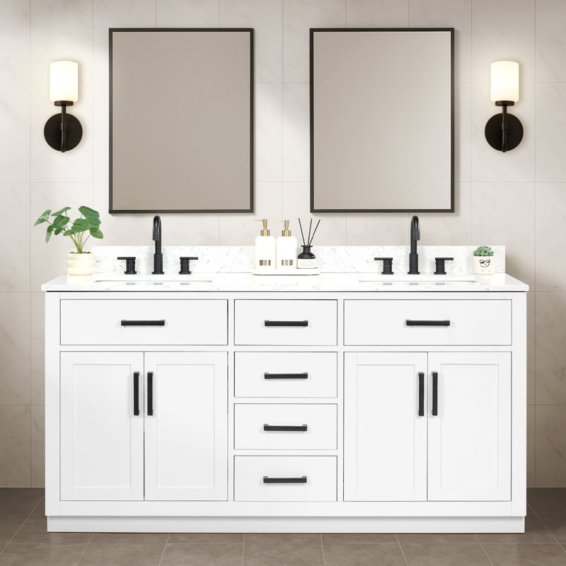 Meuble-lavabo double 66 po avec tiroirs, tablette, prise de courant et plateau en marbre d'ingénierie, Blanc, 66''