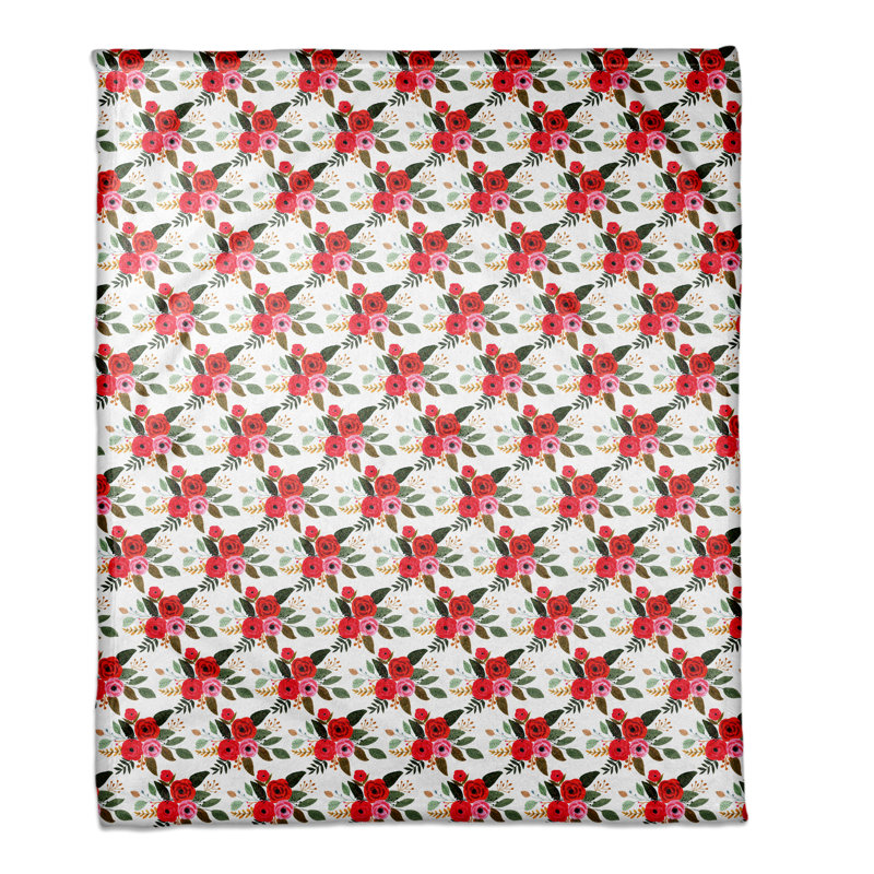 Jeté polaire rouge à motif floral, Blanc
