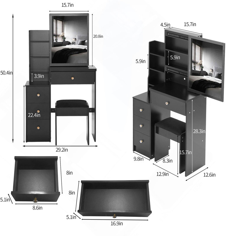 Compact And Stylish Bedside Cabinet Set With Extra Large Mirror And High Capacity Storage, Black