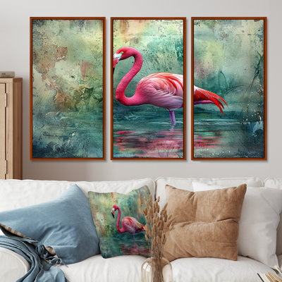 Flamant rose dans la lagune I - Art mural flamant rose - 3 panneaux