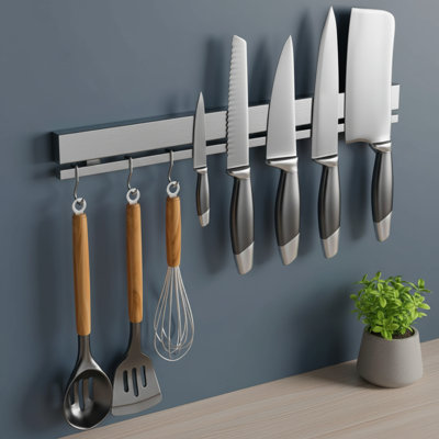 17 Inch Magnetic Knife Holder For Wall Or Refrigerator, Adhesive Or Screw Mount, 6 Hooks