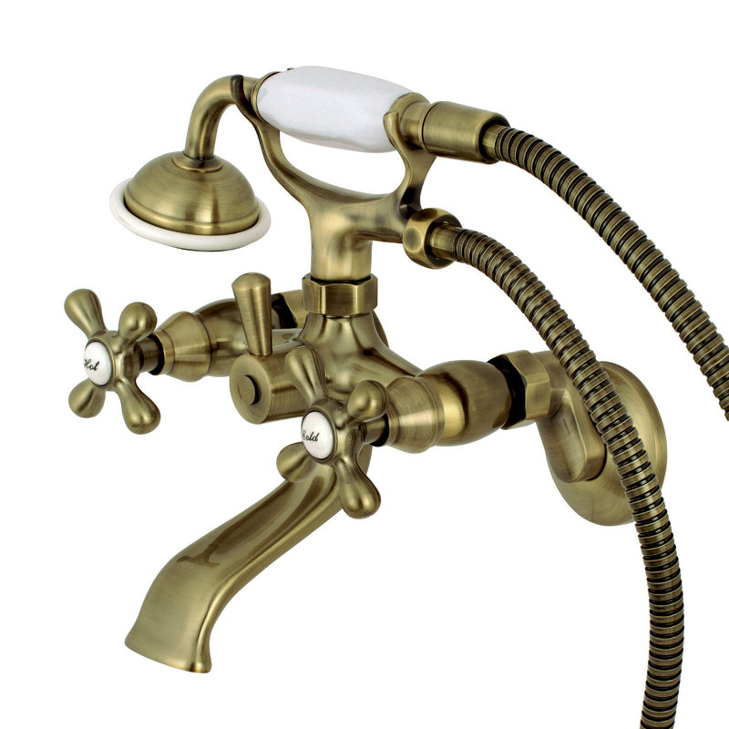 Kingston Brass Kingston Three-Handle 2-Hole Tub Wall Mount Clawfoot Tub Faucet with Hand Shower, Vintage Brass