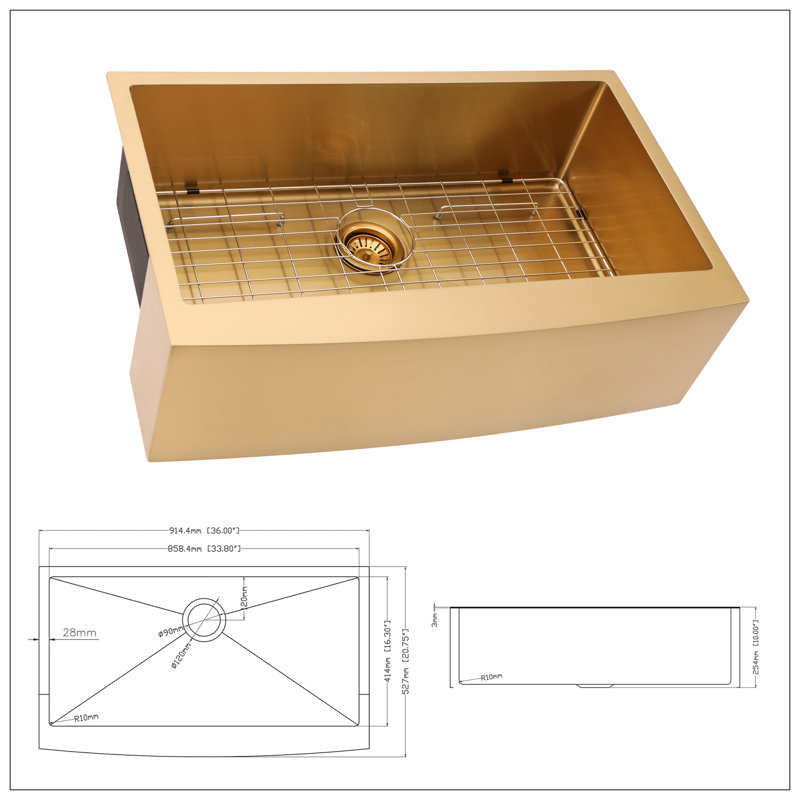 Évier de cuisine 36 Gold Farmhouse - évier de cuisine 36 pouces à tablier avant en acier inoxydable de calibre 16