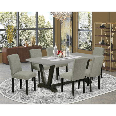 Ensemble de table de salle à manger 7 pièces - 6 chaises Parson rembourrées Shitake, dossier de chaise haute et table de cuisine en ciment - Finition noire brossée