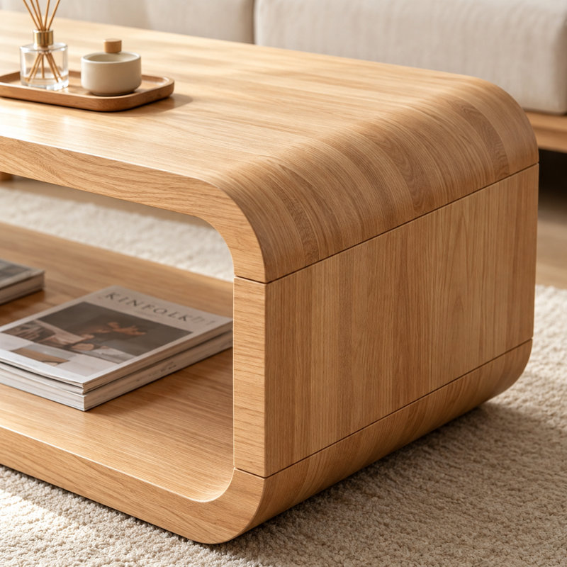 Table basse minimaliste en bois clair naturel, structure ouverte arrondie en bois massif avec rangement ouvert à 2 niveaux, table d'appoint rectangulaire basse
