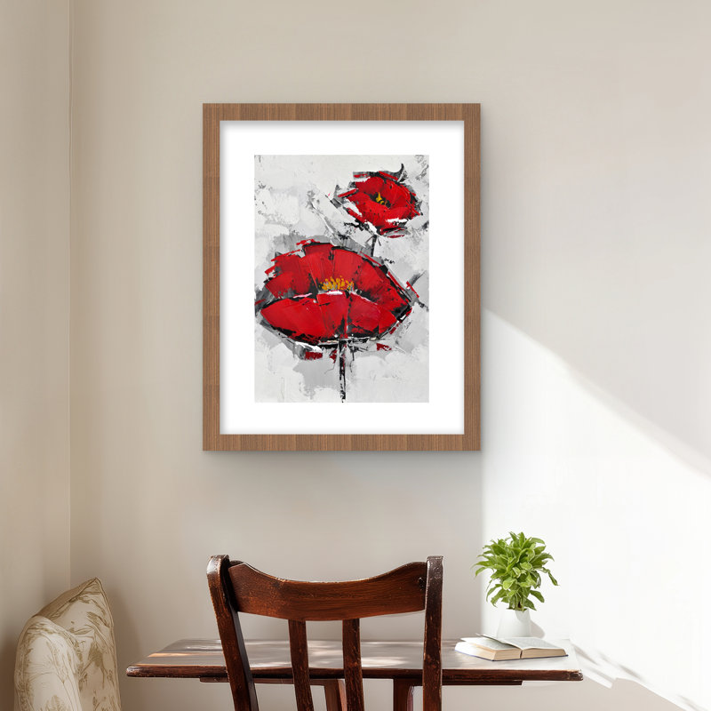Coquelicots rouges texturés | Reproduction encadrée matte pour la décoration intérieure, Brun, H 20 po x l 16 po