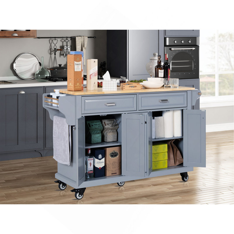 Îlot de cuisine avec comptoir en bois d'hévéa, Gris