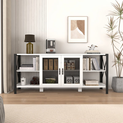 Meuble télé pour chambre à coucher 80 po, blanc, avec espace de rangement généreux, métal et bois pour le rangement du salon