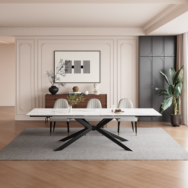 Vetler 9 - Piece 110.23'' Extendable Rectangular Sintered Stone Dining Table with 8 Leather Chairs Dining Set