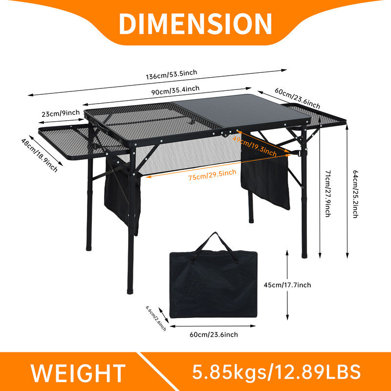 Portable Solar Camping Table w/ USB, Type-C & DC Outlets, Folding Grill Table, 2 Side Shelves