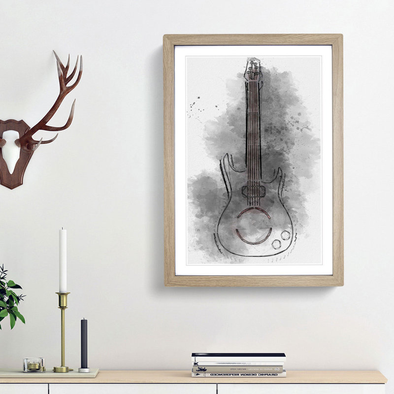 Neon Electric Guitar in Abstract - Framed Print, Oak Framed, 36cm H x 27cm W x 2cm D