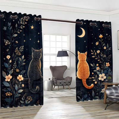 2PCS Grommet Top Blackout Window Curtains, Night Sky Moon Star Floral Cat Silhouette Printed Polyester Drapes, Thermal Insulated, Noise Reducing, Privacy Protection, Room Darkening Artistic Window Treatments for Bedroom Living Dorm Home Decor
