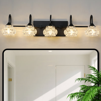 5-Light Black Dimmable Vanity Light With Crystal Glass Shades For Bathroom, Powder Room & Vanity Mirror