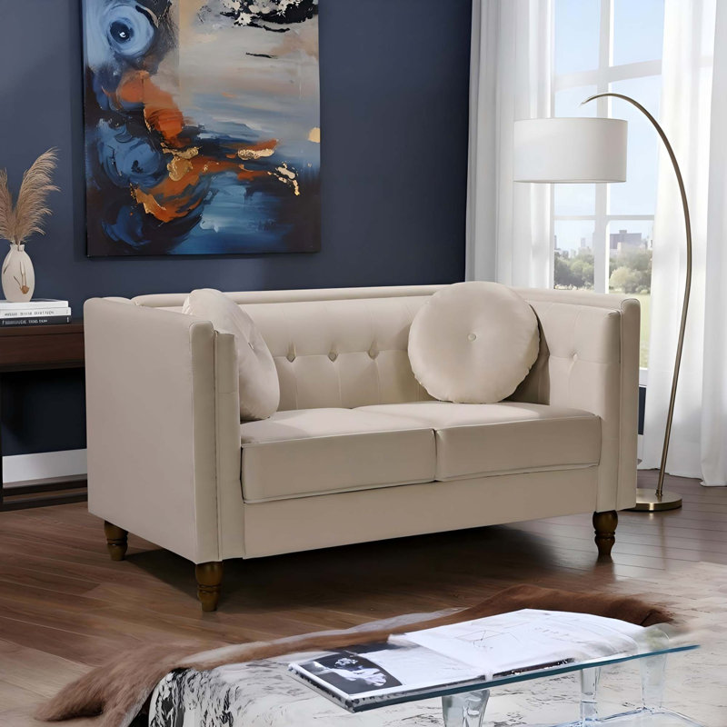 Causeuse Chesterfield compacte avec revêtement en velours froissé, Velours ivoire