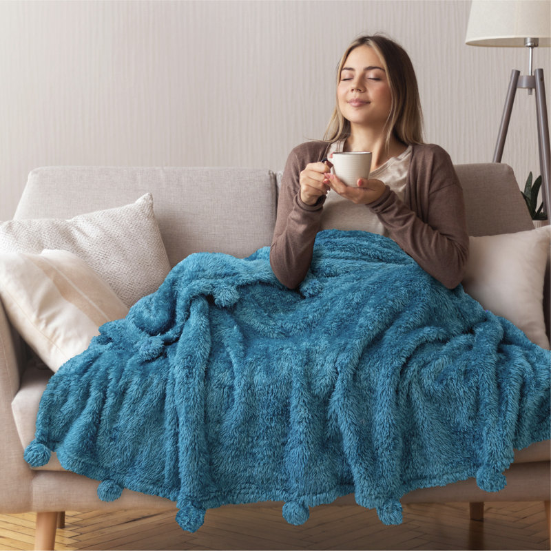Teal Blue Sherpa Fleece Throw Blanket with Pom Poms