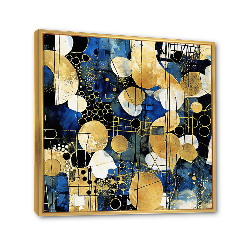 Motif abstrait avec textures bleues et dorées XXI, impression sur toile, H 30 po x l 30 po x P 1 po, Cadre flottant doré
