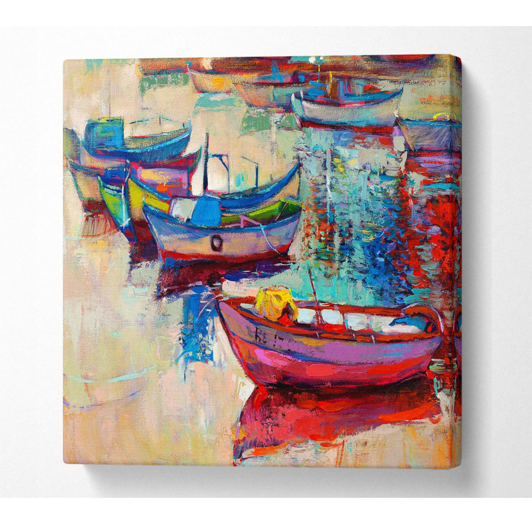 Bunte Boote auf dem Wasser Square Canvas Druck