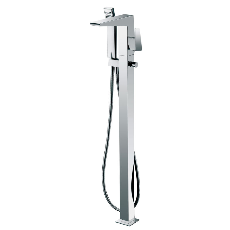 Robinet de baignoire autoportable à fixation au plancher à poignée simple avec douche à main, Chrome poli