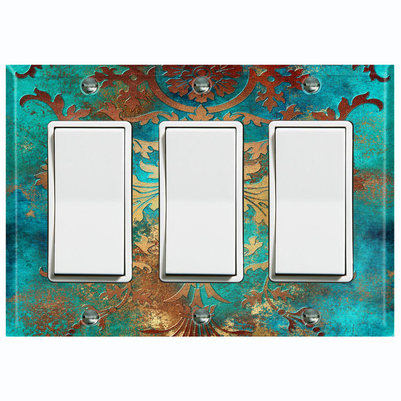 Flower Patina Copper Print 3 - Gang Toggle Light Switch Standard Wall Plate