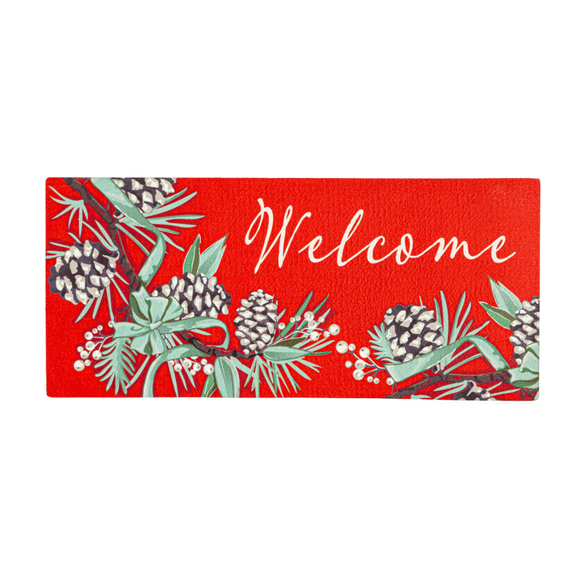 Emric 22" x 10" Winter Pine Welcome Sassafras Non-Slip Outdoor Door Mat