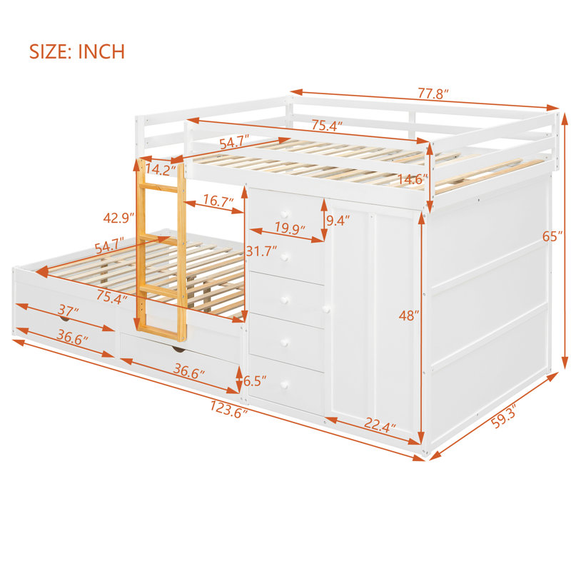 Full Over Full Modern Bunk Bed With Built In Closet And 7 Storage Drawers, White