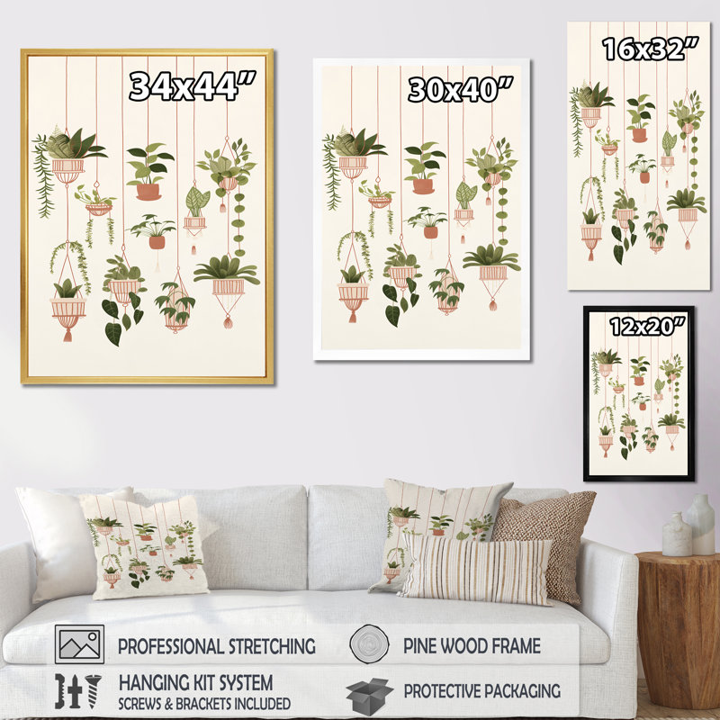 «Botanical Bliss Joyful Hanging Boho Houseplants I», reproduction sur toile, Cadre flottant doré, H 32 po x l 16 po x P 1 po