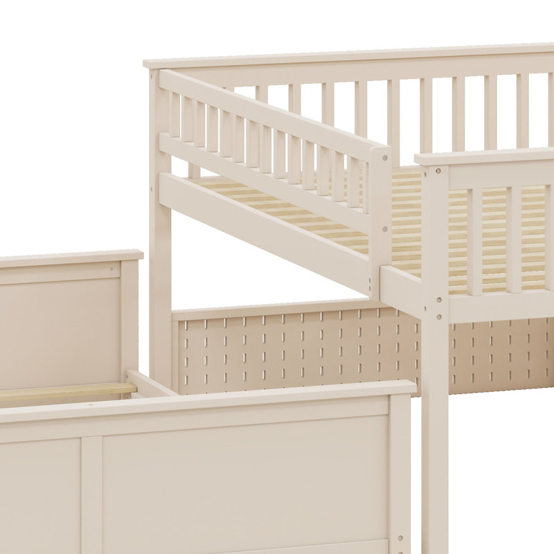 Bunk Bed Featuring Built In Shelving, Color Changing  Lights and Pegboard, Beige, Full XL over Queen