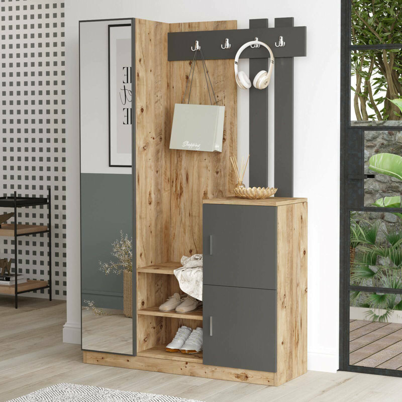Dgagn Hall Tree 113.6cm Wide with Bench and Shoe Storage, Oak/Anthracite