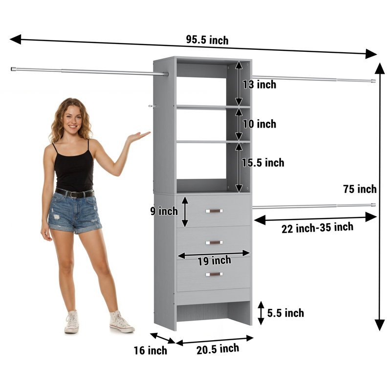 41"-107" Closet System With 6 Drawers And 8 Rods（Can Be Cut To Fit）, 75"H x 107"W x 16"D, Gray